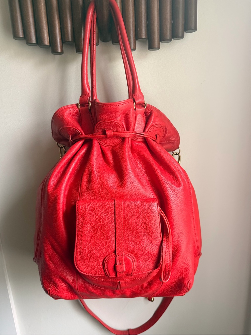 Isaac Mizrahi Red Leather Drawstring Shoulder Bag